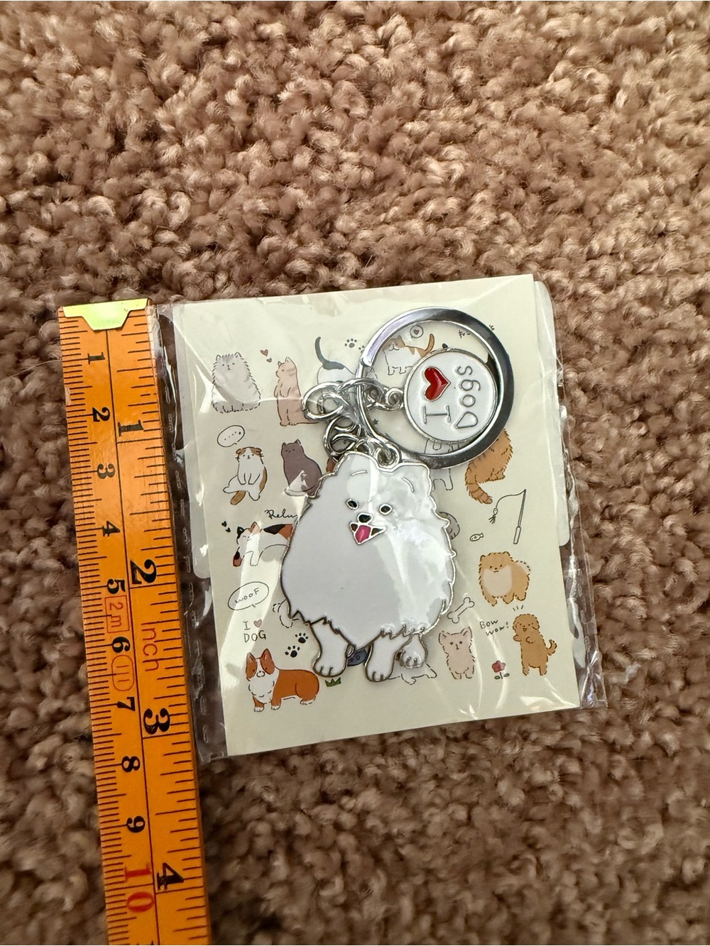 White Pomeranian Dog Keychain with I Love Dogs Charm - Picture 2 of 3